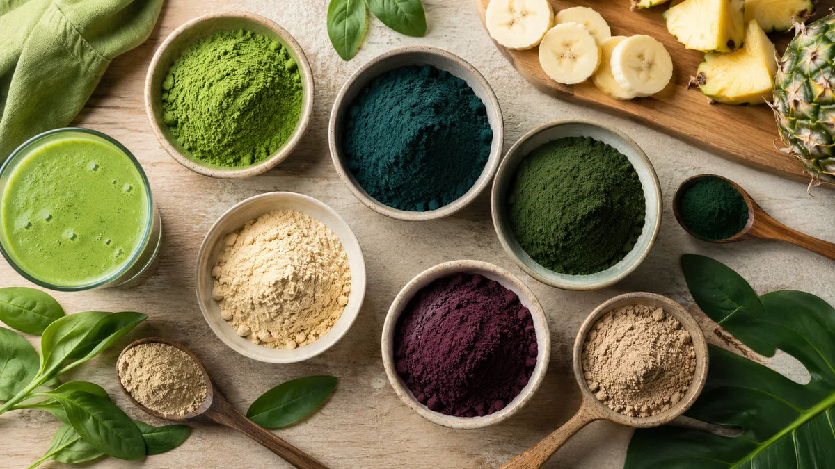 Superaliments bio en poudre : moringa, spiruline, chlorella, maca, açaï