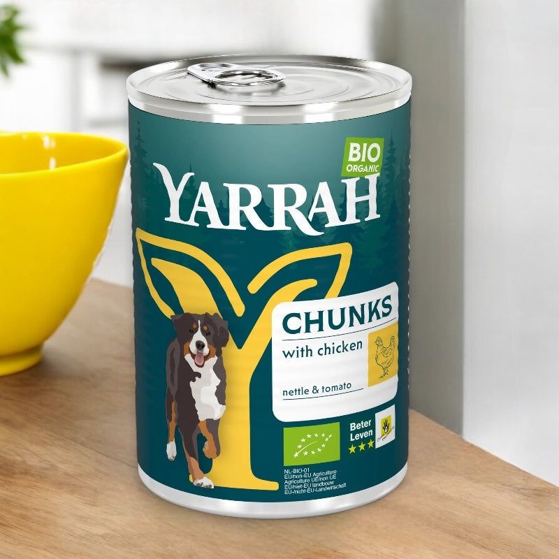Bouchées poulet en sauce avec orties pour chien BIO