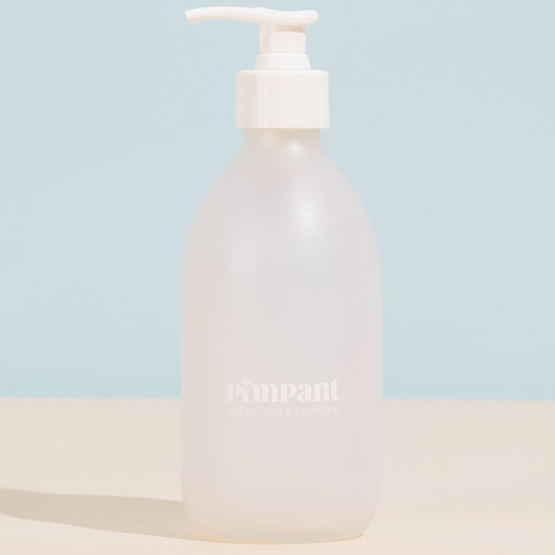 Glasflasche mit weißer Pumpe (leer)