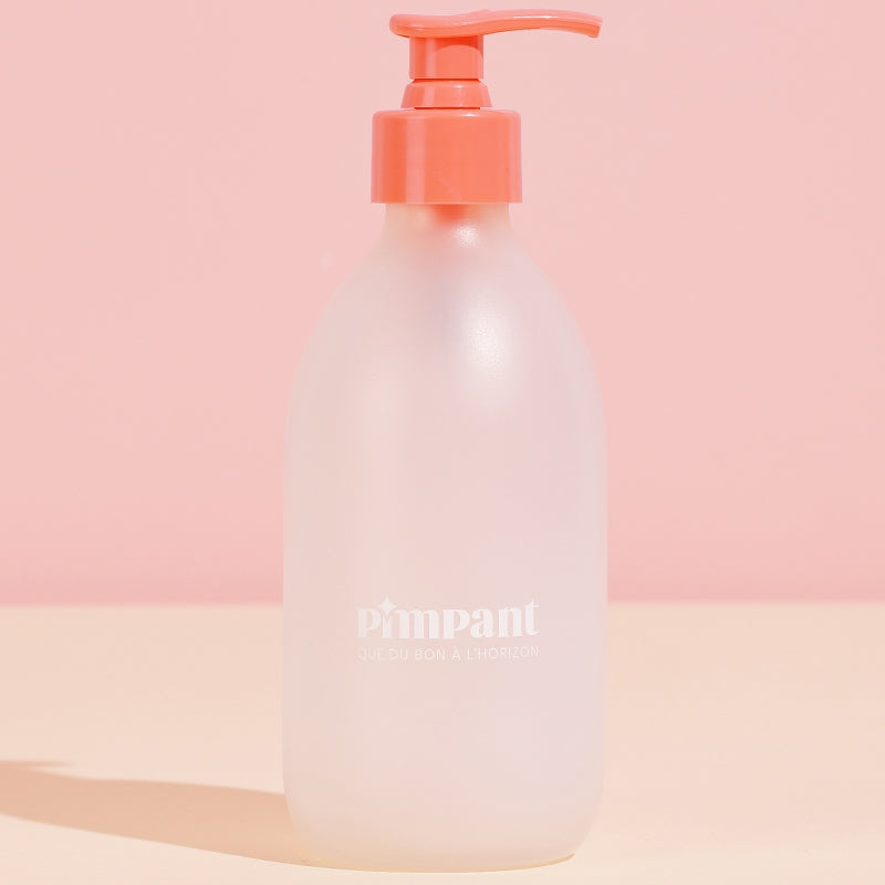 Glasflasche mit rosa Pumpe (leer)