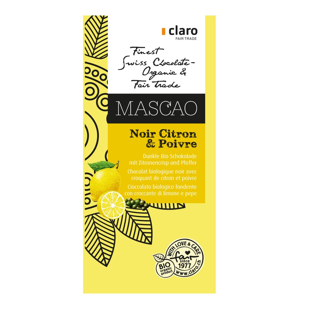 Claro - Chocolat BIO noir avec croquant de citron & poivre Mascao 80g