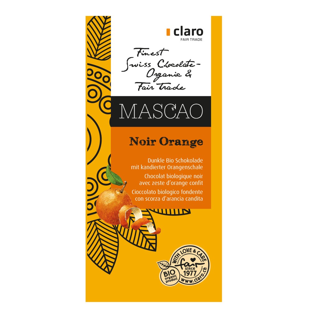 Claro - Chocolat BIO noir avec zeste d'orange confit Mascao 80g