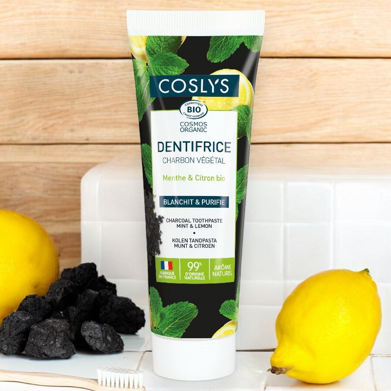 Coslys - Zahnpasta Aktivkohle Minze & Zitrone ohne Fluorid BIO 100g