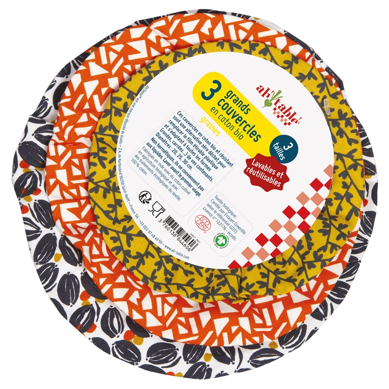 Ah Table ! - Kit 3 couvercles charlottes coton bio motif graines (15-19 cm)