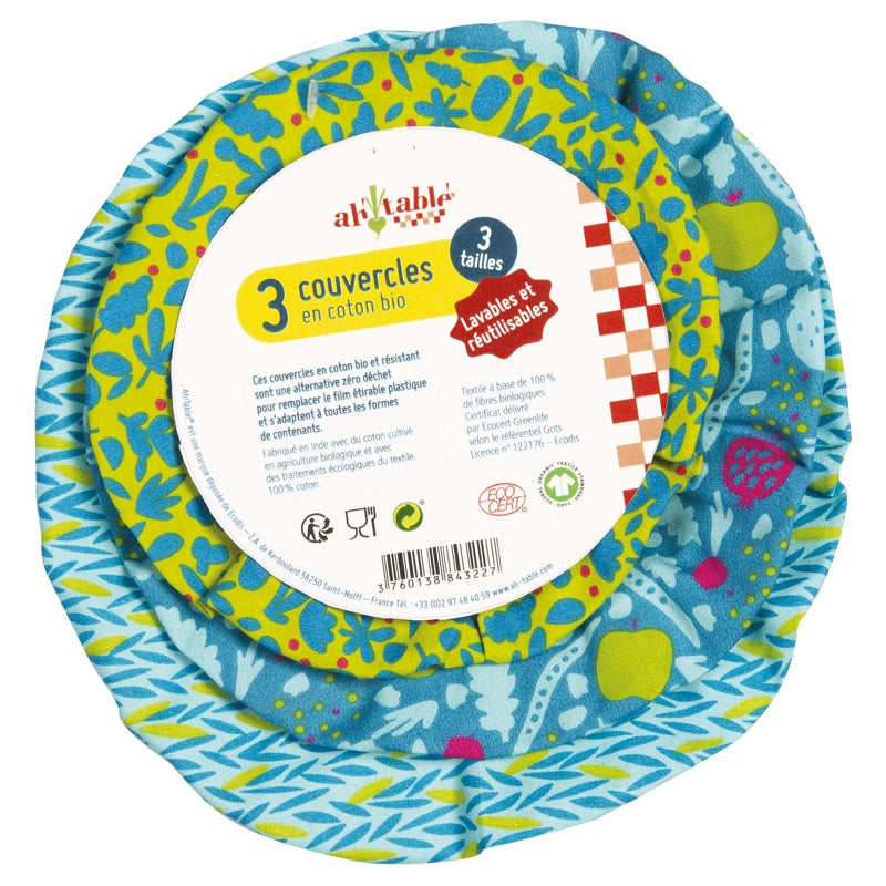 Ah Table ! - Kit 3 couvercles charlottes coton bio motif verger (15-19 cm)