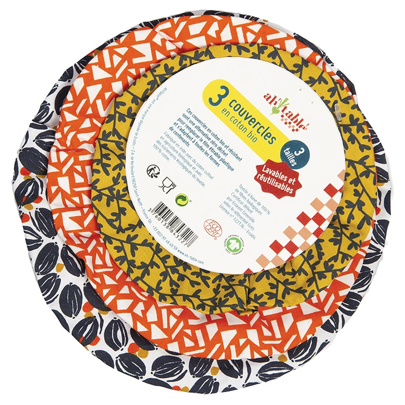 Ah Table ! - Kit 3 grands couvercles coton bio motif graines (20-30 cm)
