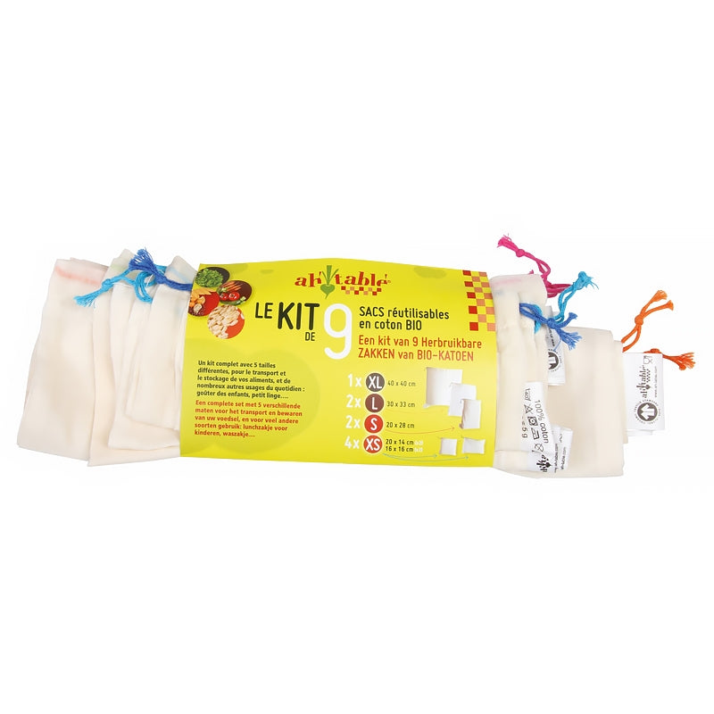 Ah Table ! - Kit 9 sacs réutilisables coton bio 4 tailles