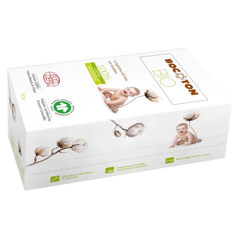 Bocoton - Lingettes sèches en rouleau bébé BIO 50 pièces