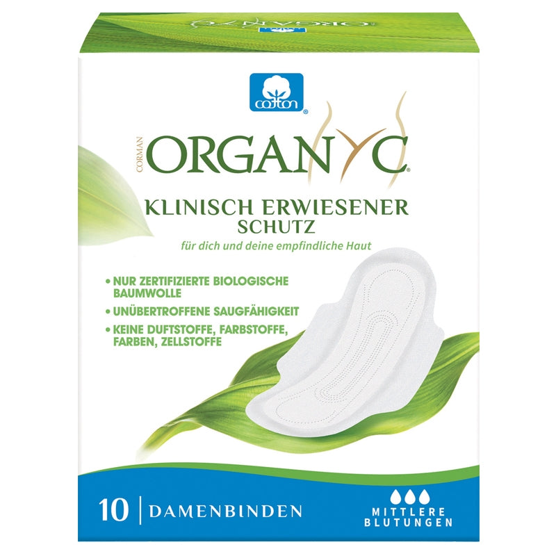 Serviettes hygiéniques bio Regular avec ailettes flux léger à moyen Organyc - 10 pièces