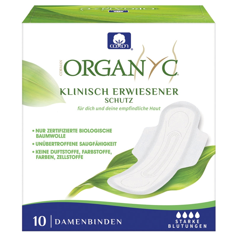 Serviettes hygiéniques bio Super avec ailettes flux moyen à fort Organyc - 10 pièces