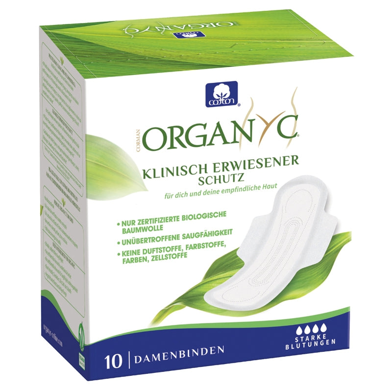 Serviettes hygiéniques bio Super avec ailettes flux moyen à fort Organyc - 10 pièces