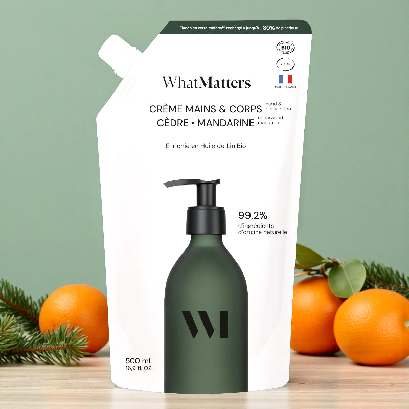 Nachfüllpackung Bio-Hand- und Körpercreme mit Zeder und Mandarine - 500 ml - What Matters
