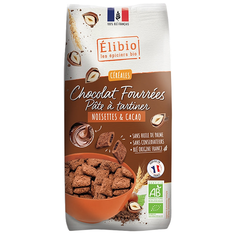 Elibio - Céréales chocolat fourrées pâte à tartiner noisette cacao BIO 375g