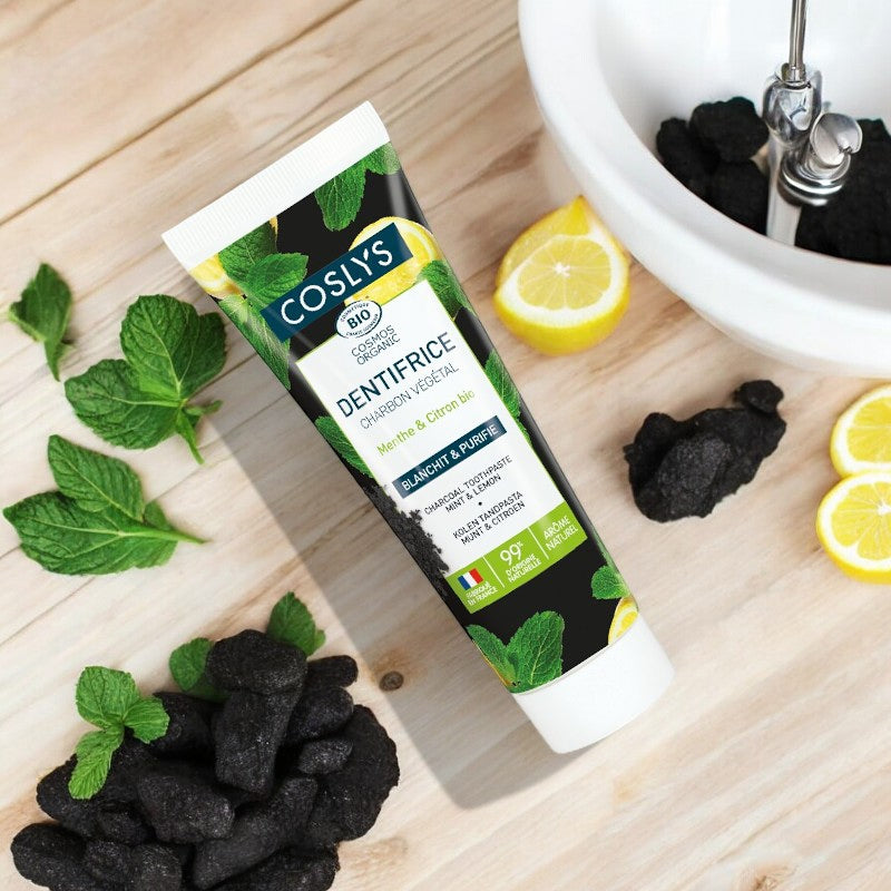 Coslys - Dentifrice charbon végétal BIO menthe & citron sans fluor 100g