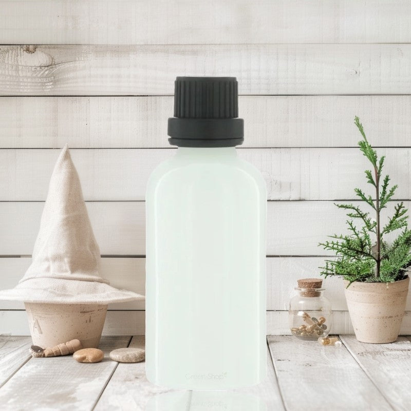 Flacon en verre blanc 50ml avec bouchon-verseur à vis noir et anneau d'inviolabilité - 1 pièce - Potion & Co