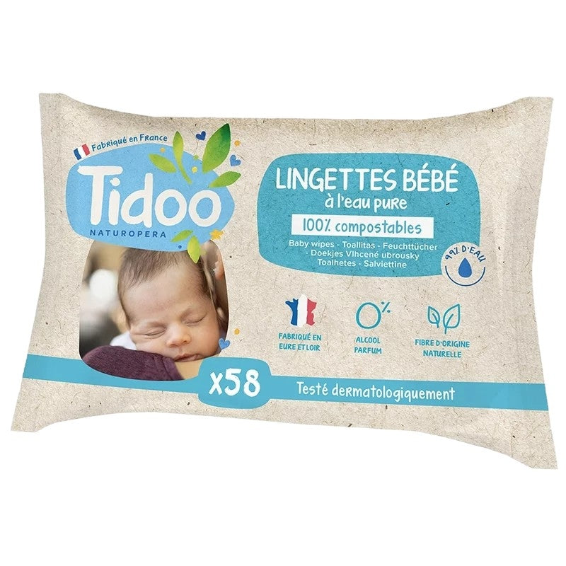 Bio-Babytücher, reines Wasser, unparfümiert - 58 Stück - Tidoo