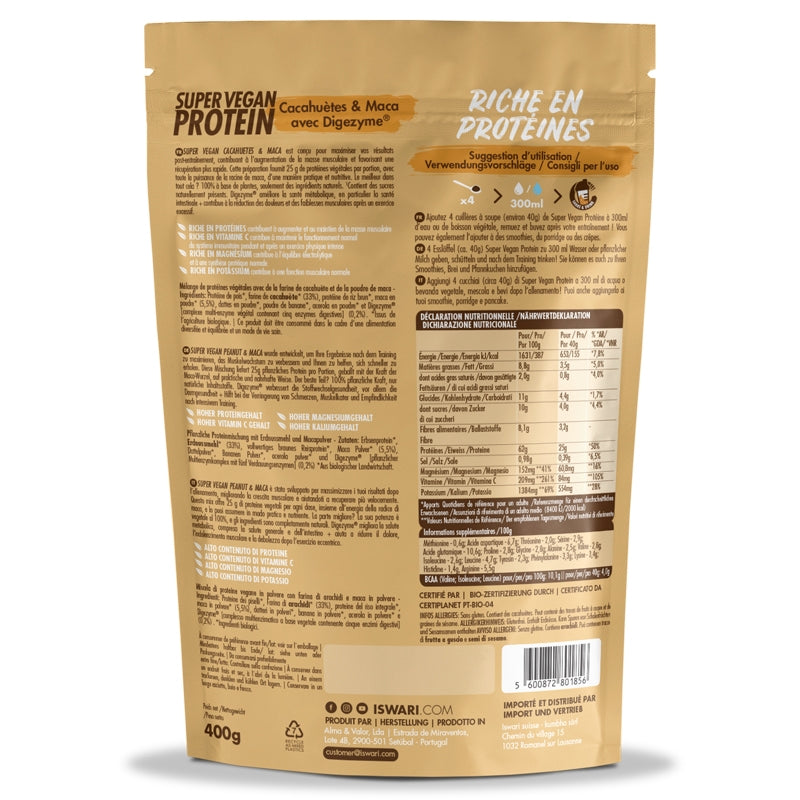 Iswari - Protéines super vegan cacahuètes maca BIO 400g