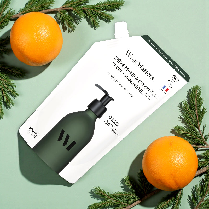 Éco-recharge crème mains corps BIO cèdre & mandarine - 500ml - What Matters