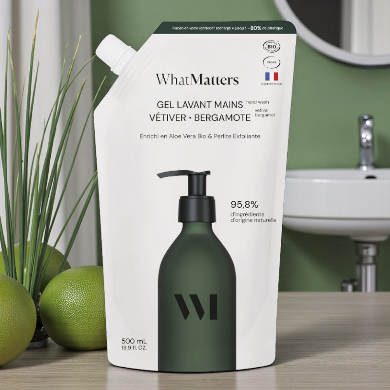 Éco-recharge gel lavant mains BIO vétiver bergamote - 500ml - What Matters